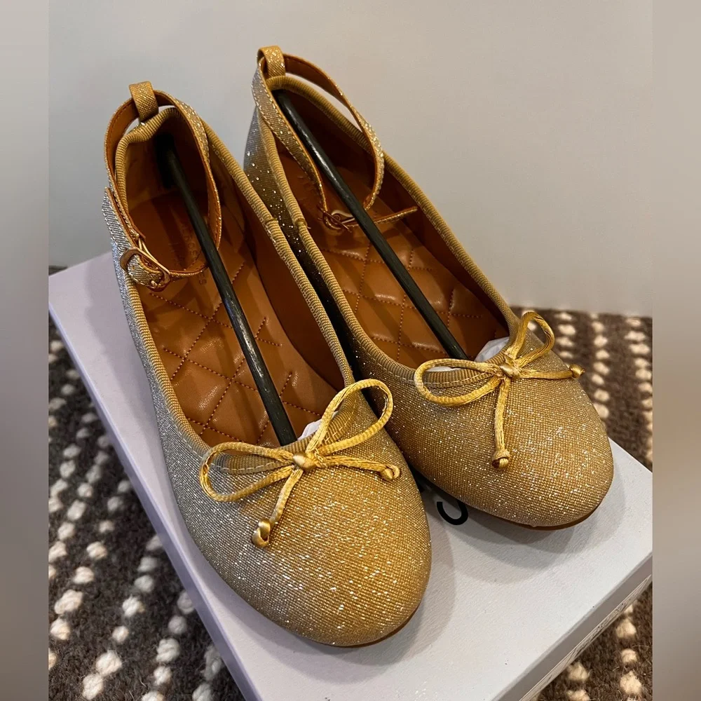 Aerosoles Milena Shoes Girls K1 Gold Metallic Glitter Block Heel Ballet NIB Gift